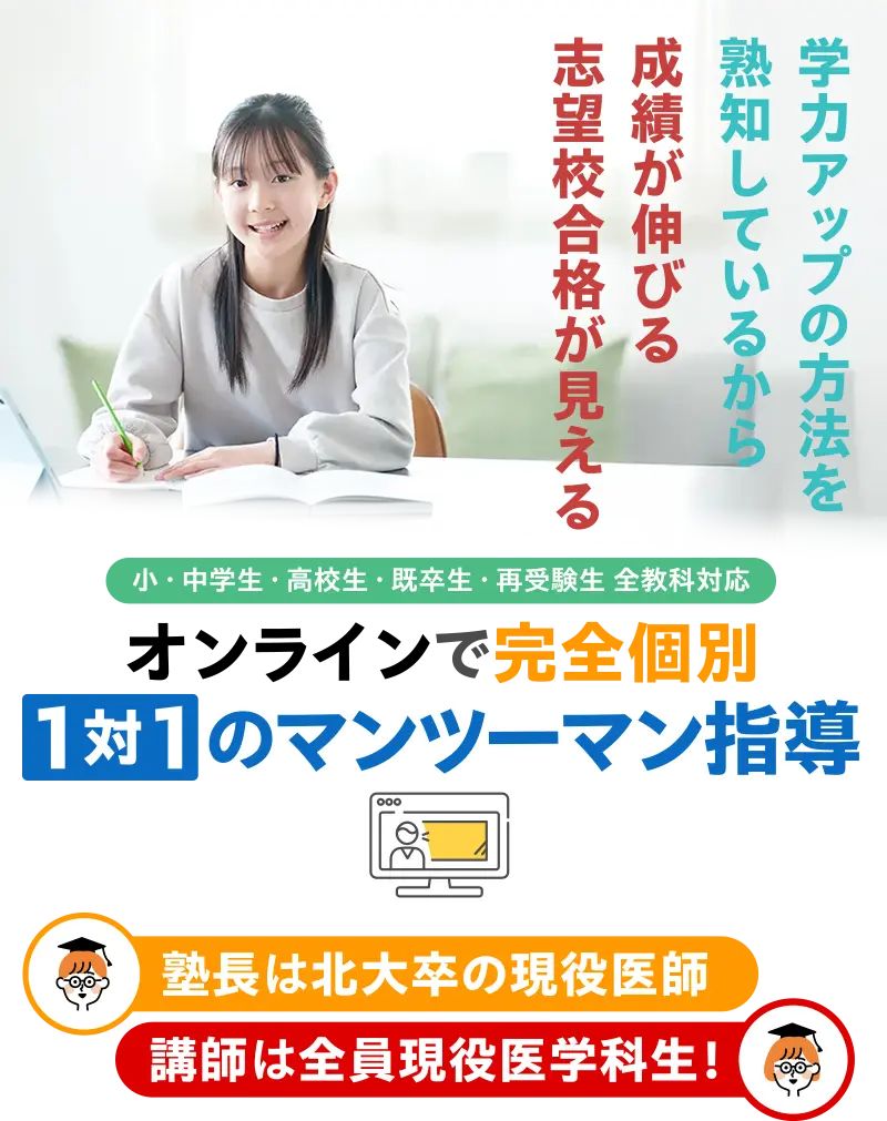 小・中学生・高校生・既卒生・再受験生全教科対応 オンラインで完全個別・1対1のマンツーマン指導 塾長は北大卒業の現役医師 講師は北大医学科生・札医大医学科生